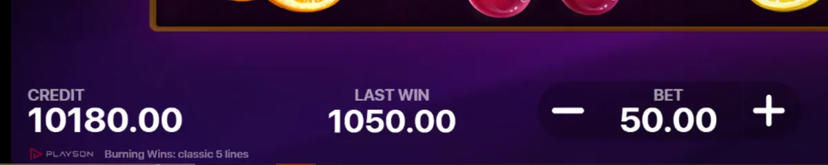 Burning Wins bahis paneli kredi, son kazanç ve 50,00 bahis değerini gösteriyor