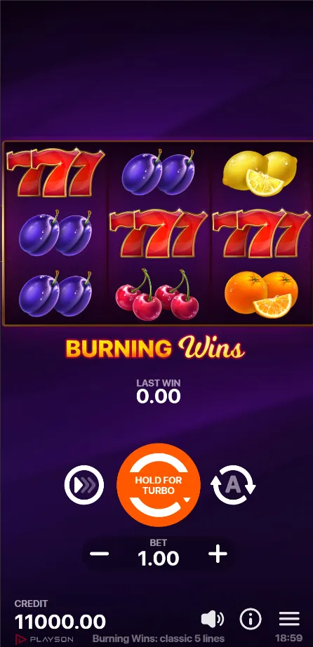 Burning Wins mobil dikey görünümde makaralar, bahis ve kredi alanı